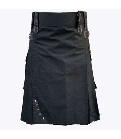 Black Cotton Utility Kilt With Leather Straps
