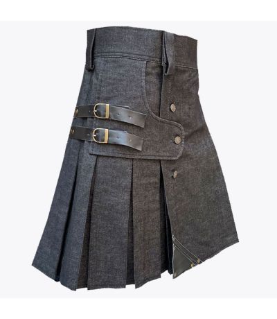 Black Denim Leather Strip Kilt
