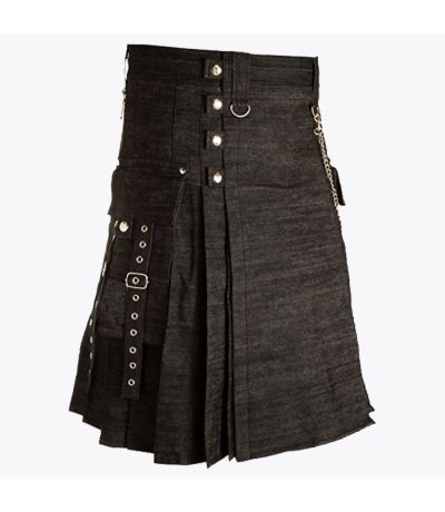 Black Denim Utility Kilt Style With Cargo Pockets

