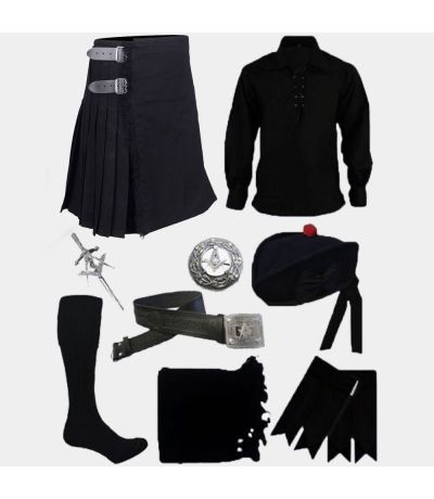 Black Tartan Kilt & Black Shirt With Accessories Deal