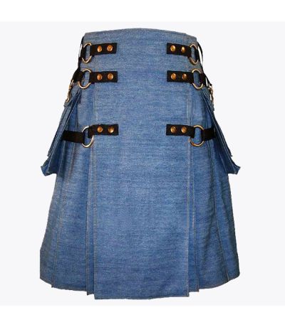 Blue Denim Cargo Fashion Utility Kilt

