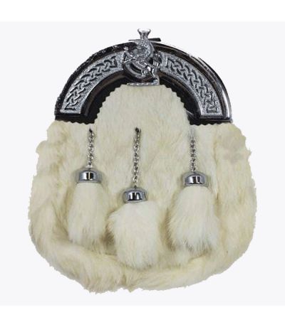 Full Dress Sporran White Rabbit Fur Chrome Lion Emblem
