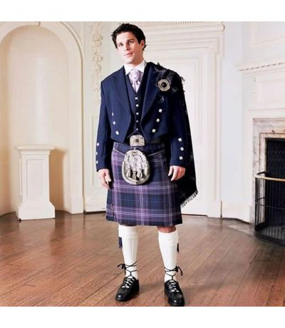 Navy Blue Prince Charlie Jacket with Heritage of Scotland Tartan Kilt Outfit Package