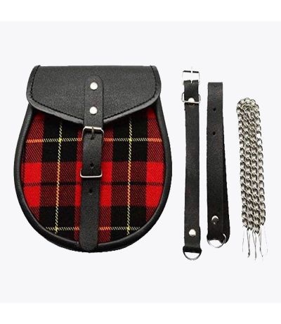 Red and Black Plaid Scottish Sporran with Chain Belt
