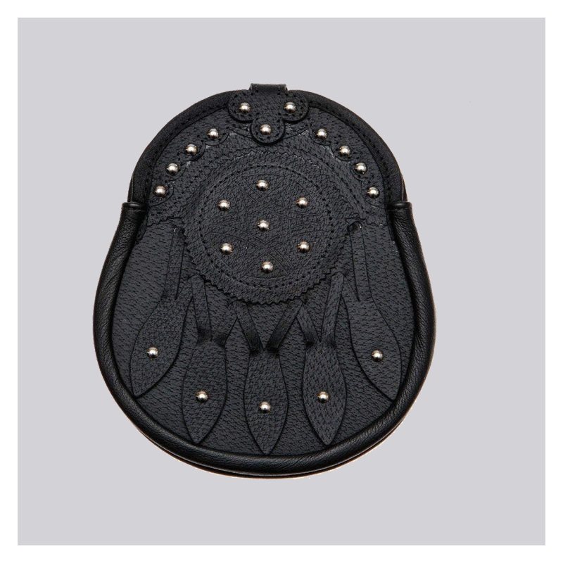 Studded Targe Black Leather Sporran With Free Chain Belt