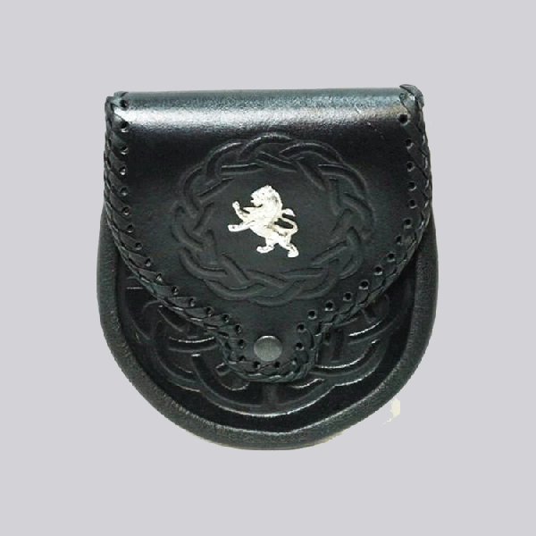 Thistle Crest Embossed Black Leather Sporran